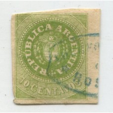 ARGENTINA 1862 GJ 08 ESTAMPILLA ESCUDITO DE 10 Cts CON PEQUEÑO ADELGAZAMIENTO SIEMPRE UN BUEN SELLO CLASICO Y RARO CON BORDE DE HOJA U$ 88